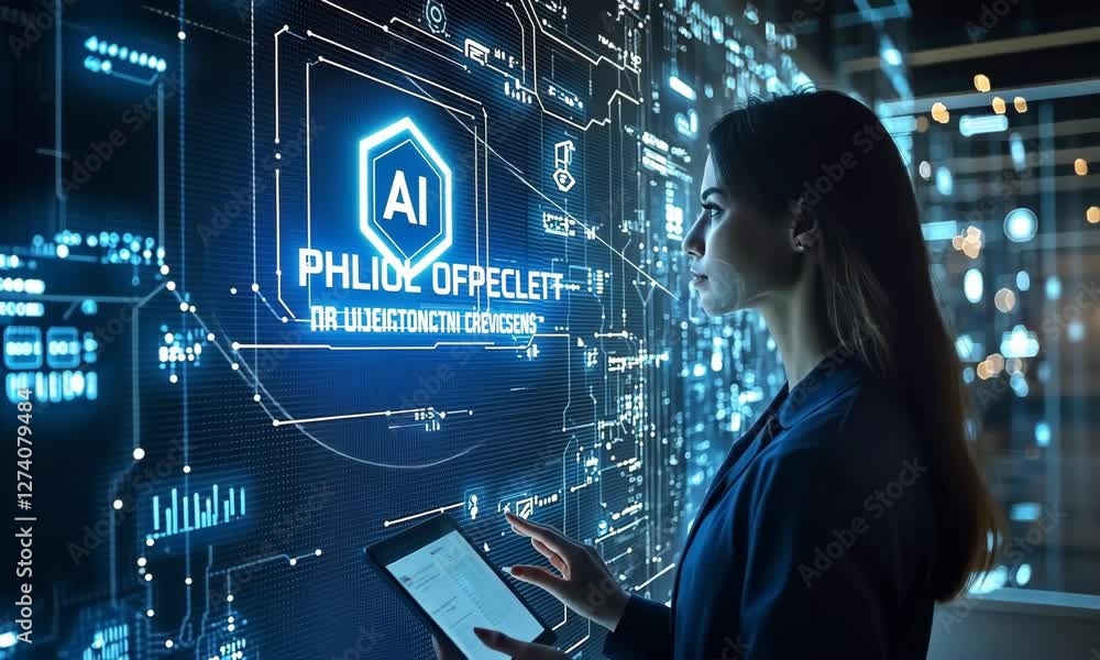 Aufkleber woman using tablet with futuristic ai interface display