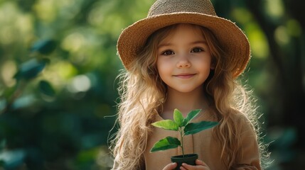 A little girl in an environmentalist outfit, holding a small plant, ready to save nature