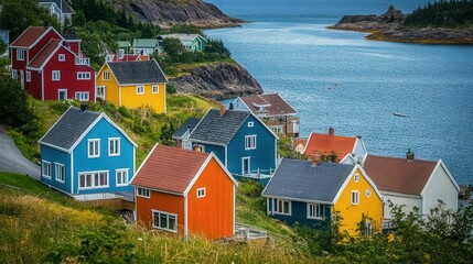 a seaside village with colorful houses arranged on a hillside, offering a spectacular view of the ocean and the horizon beyond.