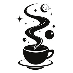 A modern, abstract composition where a coffee cup is surrounded by intricate, swirling steam patterns forming waves and loops silhouette vector art illustration  