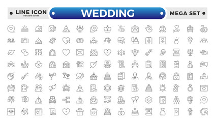 Wedding and Marriage Outline icon collection. Newlyweds' holiday, wedding, love. Bride, groom, lovers, wedding rings, wedding car, cake, wedding service wedding vows. Editable stroke outline icon. 