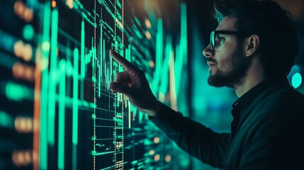 A confident stock trader pointing at a digital graph with rising green indicators symbolizing wealth and luck