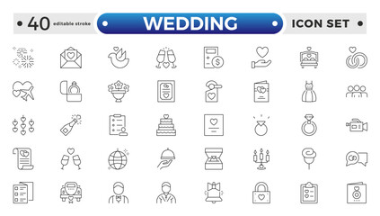 Wedding and Marriage Outline icon collection. Newlyweds' holiday, wedding, love. Bride, groom, lovers, wedding rings, wedding car, cake, wedding service wedding vows. Editable stroke outline icon. 