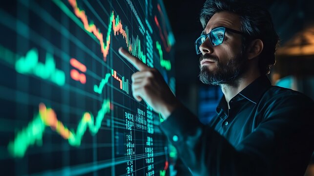 A confident stock trader pointing at a digital graph with rising green indicators symbolizing wealth and luck