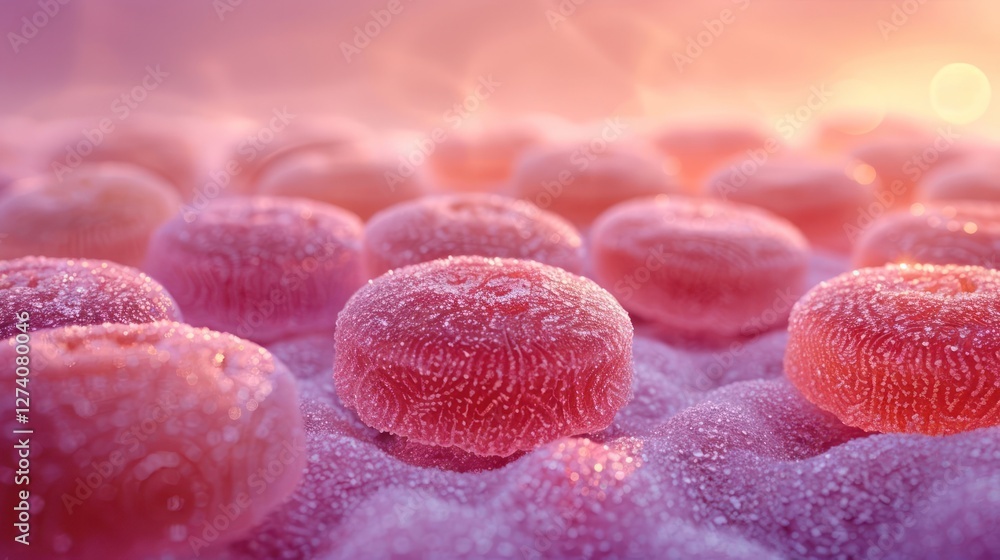 Poster a close-up view of pink, textured cellular structures in a soft, illuminated environment.