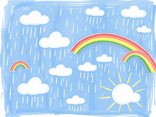 Fototapeta premium Pastel Blue Sky with White Clouds Rain Rainbow and Sun Cartoon Illustration