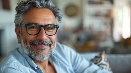 Obraz premium Man in glasses seated indoors.