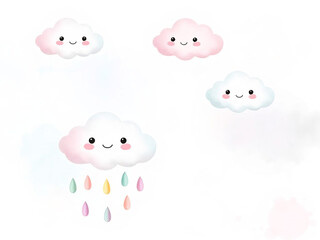 Pastel Colored Smiling Cartoon Clouds with Raindrops on White Background Illustration