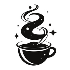 A modern, abstract composition where a coffee cup is surrounded by intricate, swirling steam patterns forming waves and loops silhouette vector art illustration  