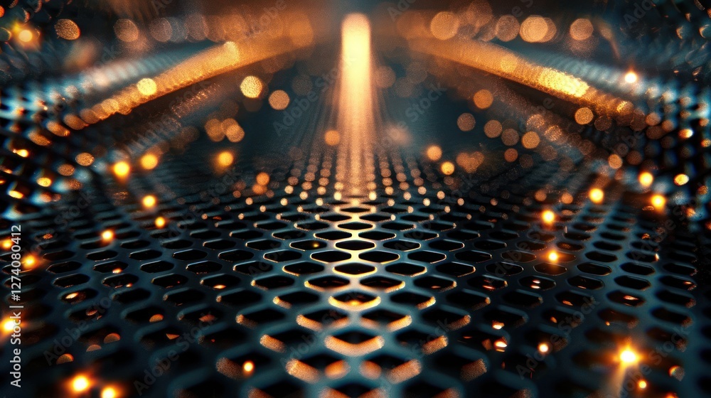 Poster a close-up view of a textured metallic surface with glowing lights in a futuristic setting.