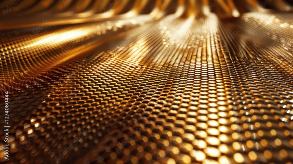 Poster close-up of a textured metallic surface with a honeycomb pattern reflecting light.
