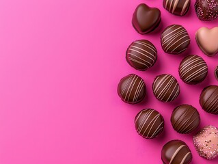 Obraz premium Delicious assorted chocolates arranged on a vibrant pink background.