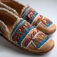 Fototapeta premium Handcrafted leather moccasins adorned with colorful beads, showcasing intricate patterns and artisanal craftsmanship in a studio setting with soft lighting.