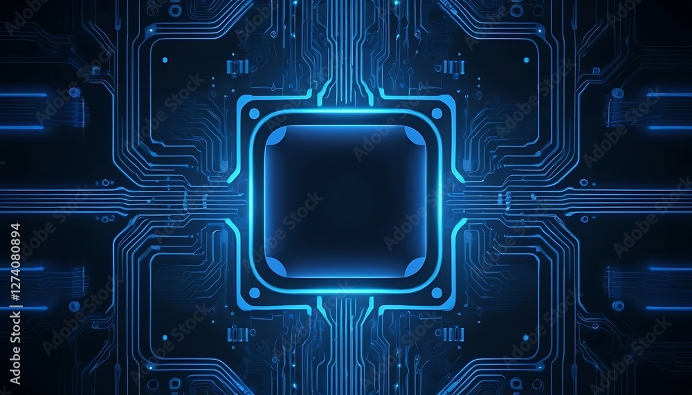 Poster electric blue, circuit board core with intricate trace networks design