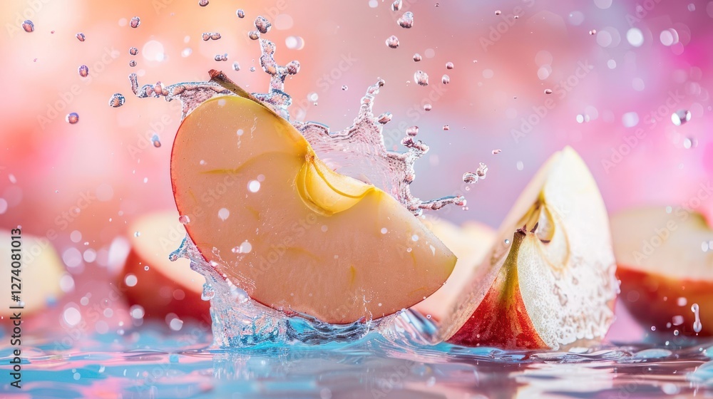 Poster Slices of apple splashing in water, creating a vibrant and refreshing visual effect.