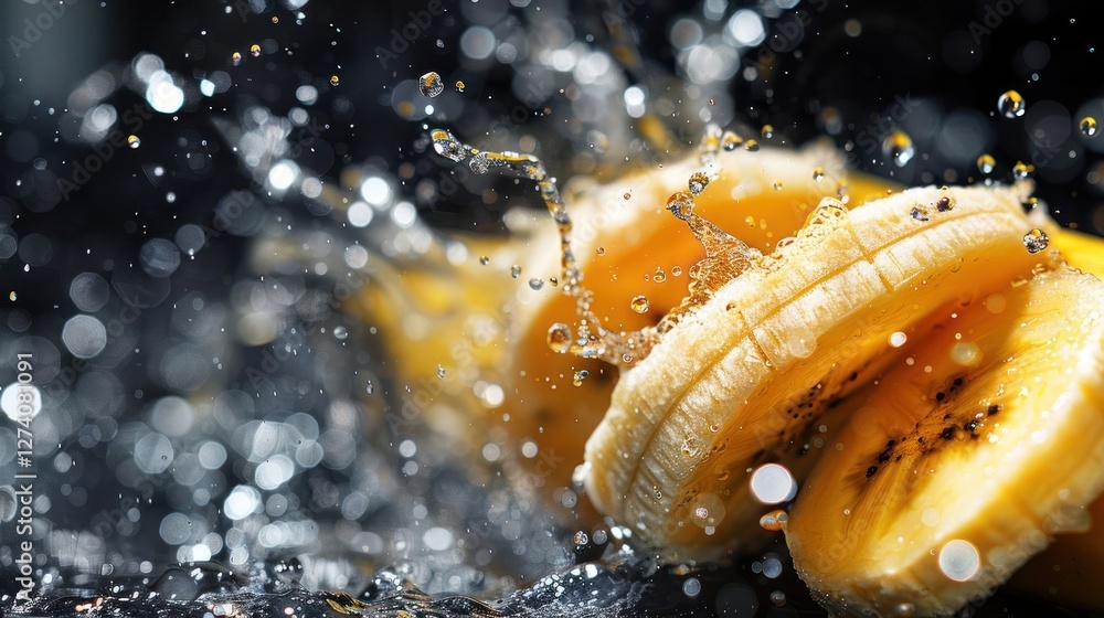 Poster slices of banana splashing in water, creating dynamic droplets and vibrant visuals.