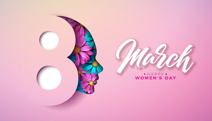 8 March. Happy Women's Day Floral Illustration. International Womens Day Vector Design with Colorful Spring Flower and Number 8 on Light Pink Background. Woman or Mother Day Theme Template for Flyer