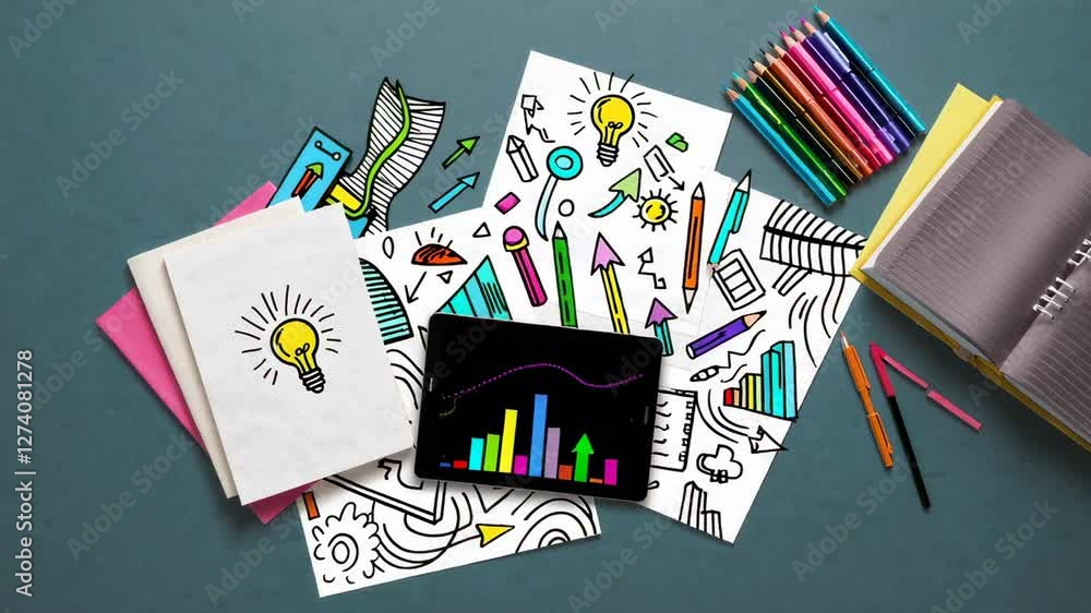 Poster Business growth visualization displaying financial charts expanding on tablet screen with vibrant office supplies surrounding digital data representation in smooth slow motion