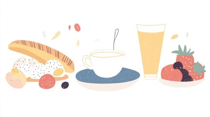 Breakfast scene with bread, fruit, and juice
