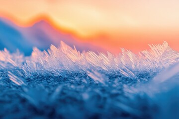 Intricate ice crystals shimmer against a vibrant sunset backdrop, creating a breathtaking winter scene.