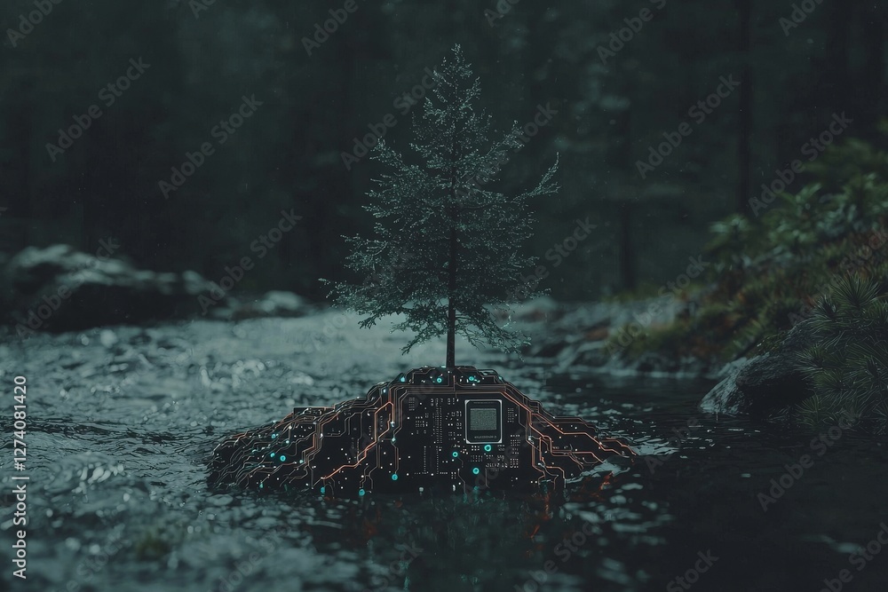 Poster a digital forest is home to a tree that has been transformed by the integration of circuit boards in