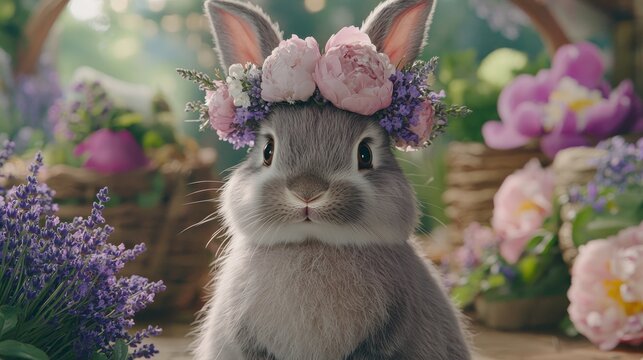 Fluffy rabbit with a flower crown surrounded by vibrant flowers and baskets.