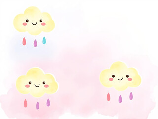 Smiling Watercolor Clouds with Colorful Raindrops on Pink and White Background