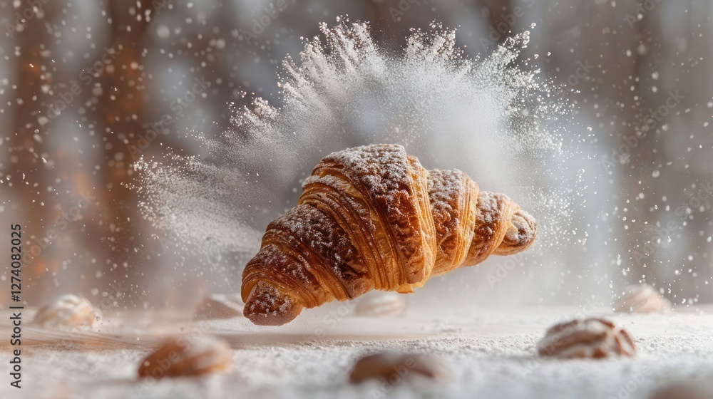 Poster a floating croissant dusted with powdered sugar, surrounded by a snowy backdrop.