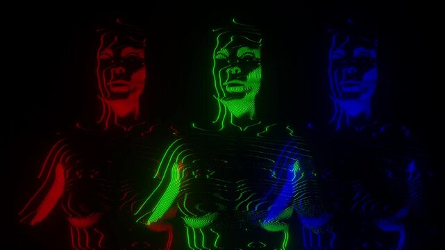 A looping sequence of a synthetic humanoid figure made of static and noise modulation in an RGB separation style.