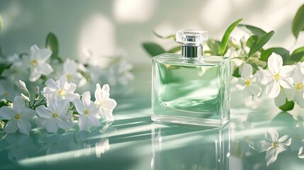 A close-up of an elegant perfume bottle resting beside jasmine flowers, subtle reflections on a pale green surface, space for branding.