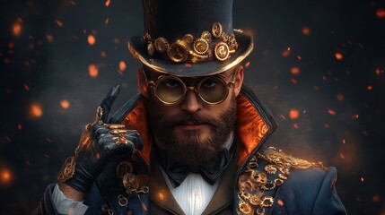 Steampunk man with goggles and gears in mysterious atmosphere