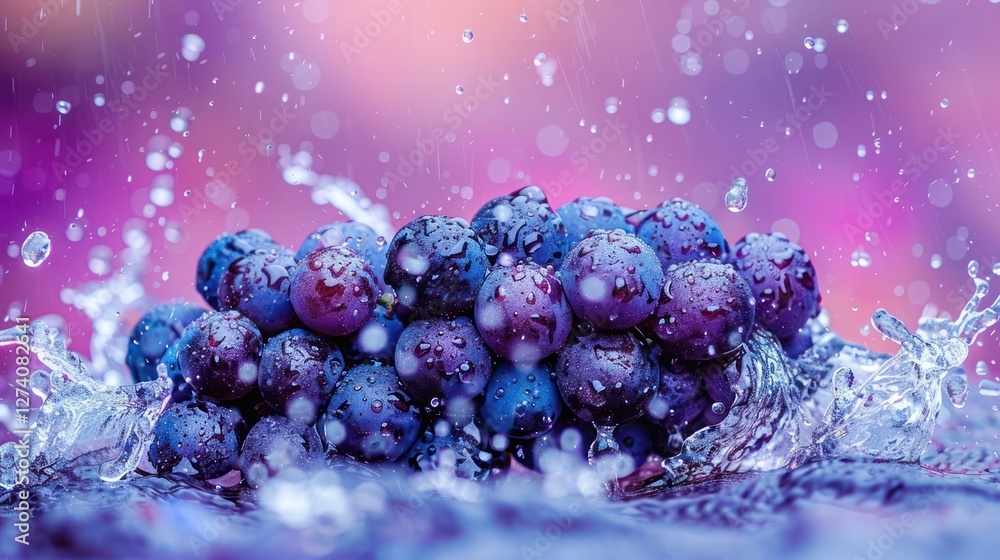 Poster a cluster of grapes splashing in water with a colorful, blurred background.