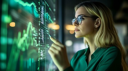 A female executive checking financial growth analytics on a screen with an elegant green theme