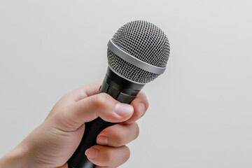 Hand holding microphone, studio, white background, interview