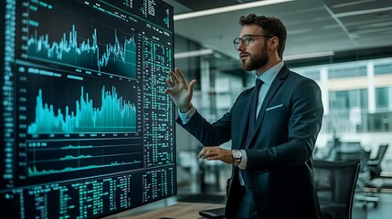 Fototapeta premium A finance consultant in a boardroom, presenting stock market trends on a display with subtle green-themed visuals