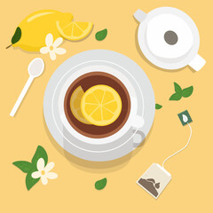 Cup with tea and lemons or lemon tea menu design vector ilustration 