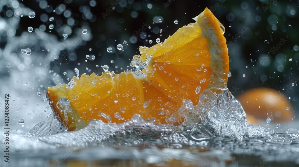 Poster a vibrant orange slice splashes into water, creating dynamic droplets and a refreshing scene.