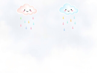 Obraz premium Two Cute Watercolor Clouds Pink And Blue Hanging In The Sky With Pastel Raindrops