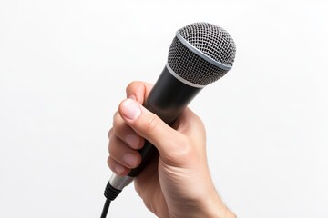 Hand holding microphone, studio, white background, speech (1)