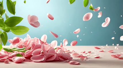 Fototapeta premium refreshing spring morning scene with pink petals scattered around, evoking sense of tranquility and beauty. vibrant green leaves complement soft pink hues, creating serene atmosphere