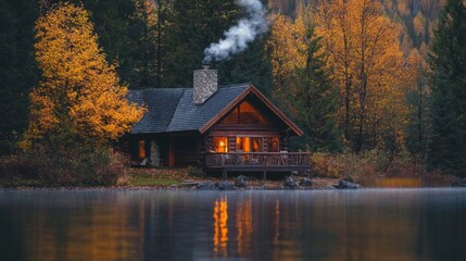 Fototapeta premium Autumn cabin by lake at dawn. Scenic view. Possible use Nature photography