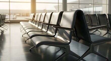 Empty Airport Terminal Seating Area with Sunlight Streaming Through Windows