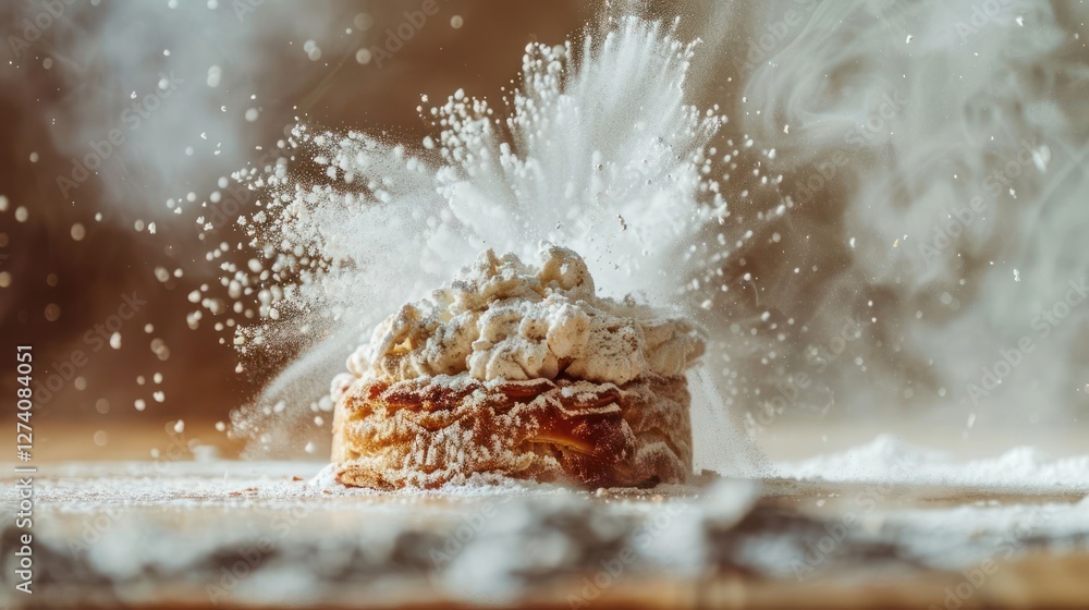 Poster a dessert explosion with powdered sugar and whipped cream, creating a dynamic visual effect.