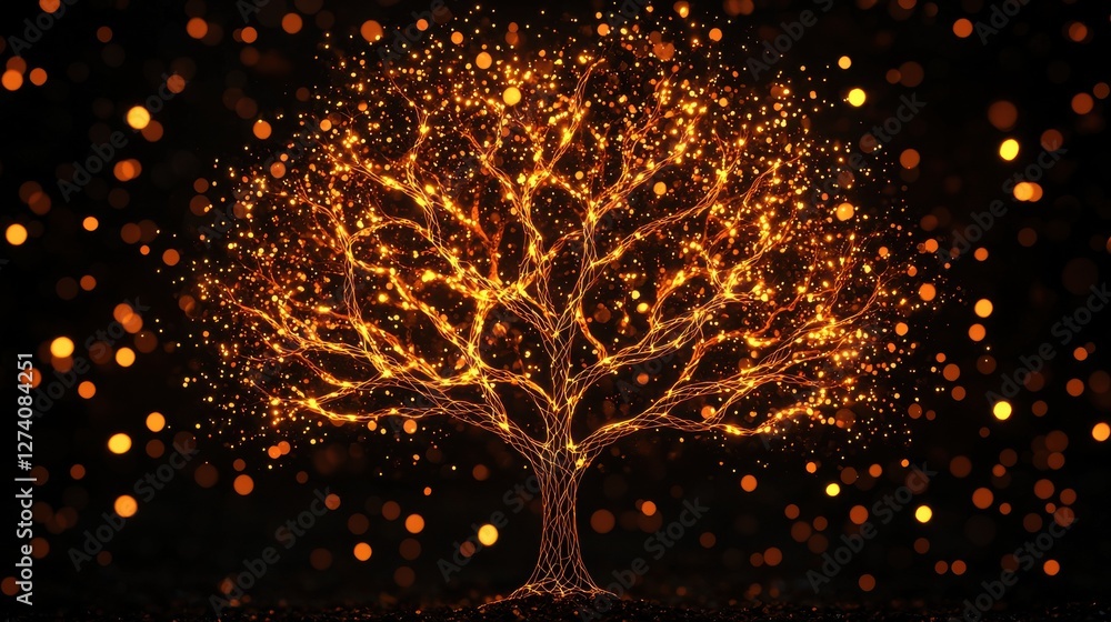 Poster abstract gold tree concept. vibrant golden tree with pulsating light patterns mystical and captivati