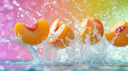 Fresh peaches splashing into water against a colorful background.