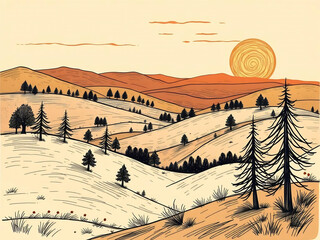 Warm Hues Landscape Illustration with Rolling Hills and Coniferous Trees at Sunset