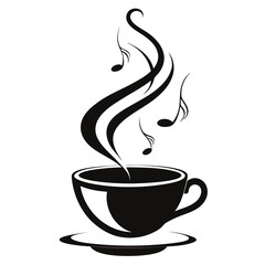 A modern, abstract composition where a coffee cup is surrounded by intricate, swirling steam patterns forming waves and loops silhouette vector art illustration  