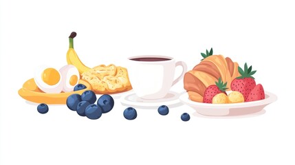 Healthy breakfast items, fruit, pastry, coffee, appetizing, food, delicious, morning meal