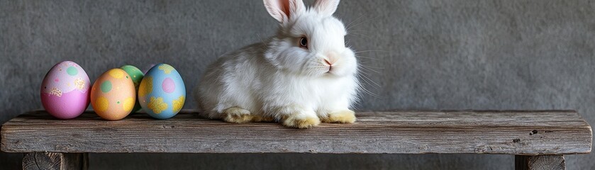 Obraz premium White rabbit beside colorful Easter eggs on a rustic wooden table.