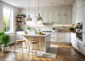 Modern Scandinavian kitchen with white, handleless cabinetry, marble, and integrated appliances.